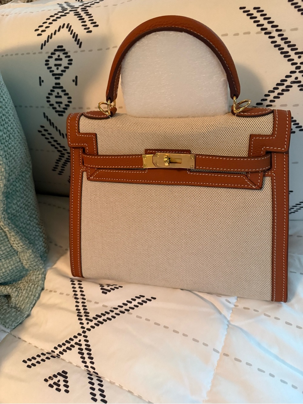 Chic Canvas & Leather Top‑Handle Bag — Gold Hardware, Designer Look